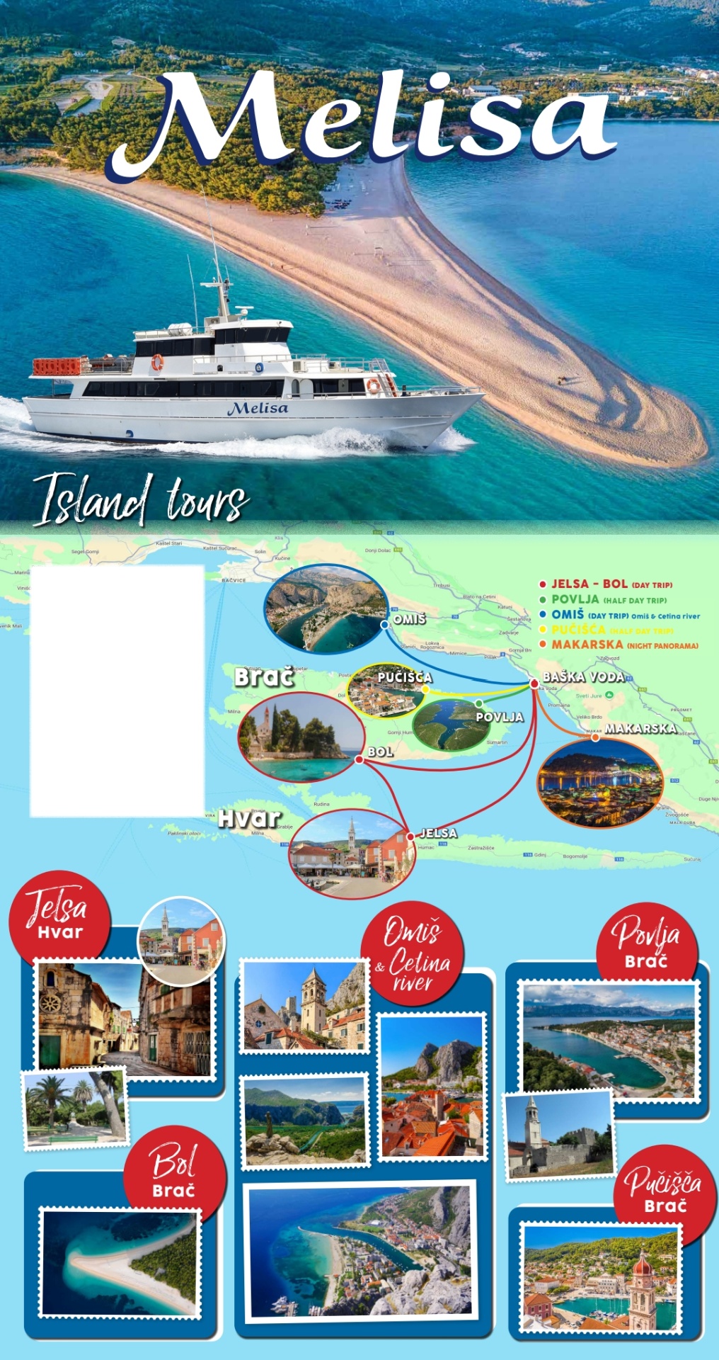 Map of Melisa boat routes from Baška Voda to Brač, Hvar, Omiš and Makarska
